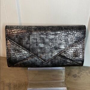 Black Pewter Faux Crocodile-Embossed Envelope Clutch - East west design